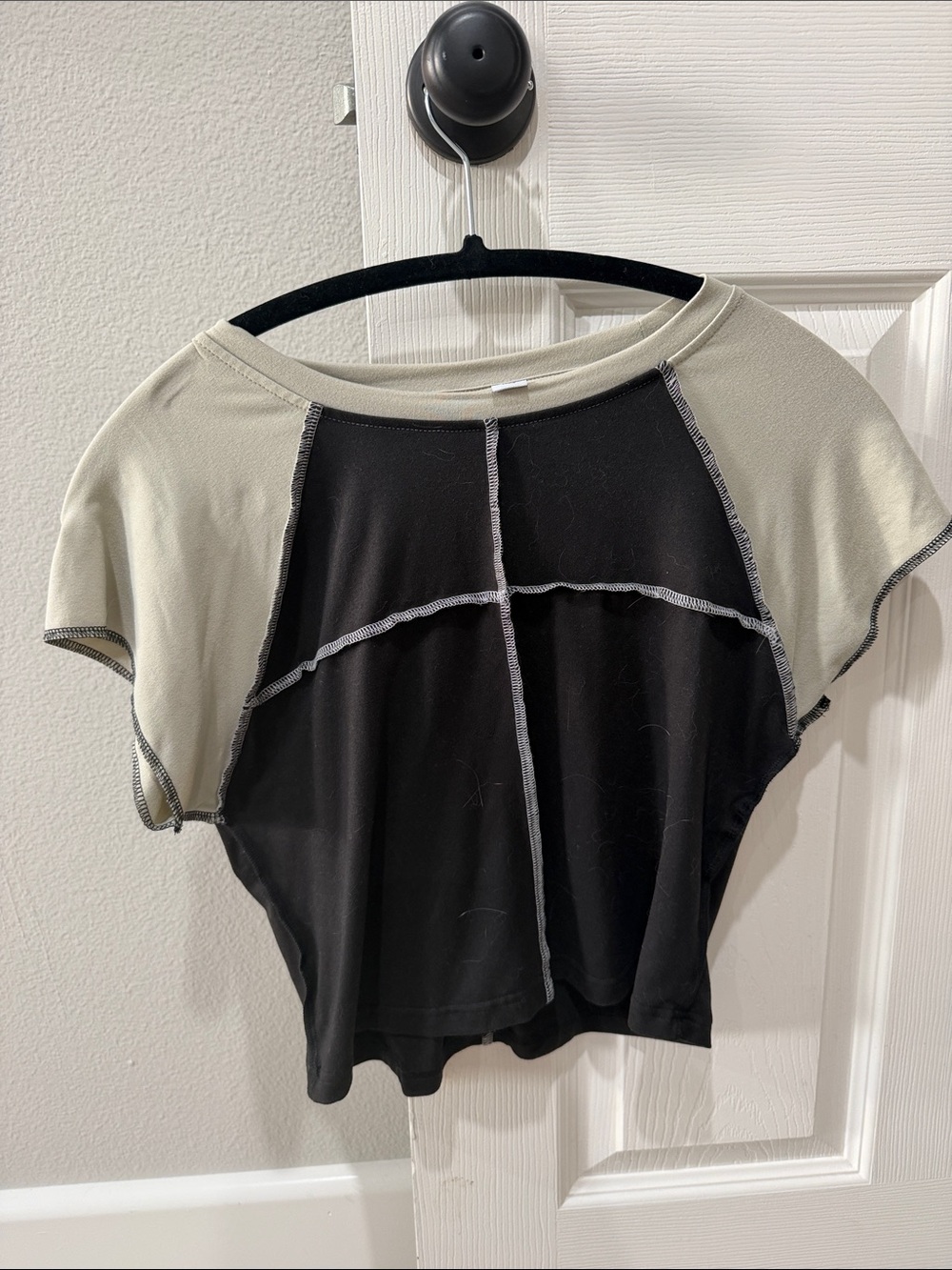 Two-Tone Crop Top with Contrast Yoke - Black and Cream